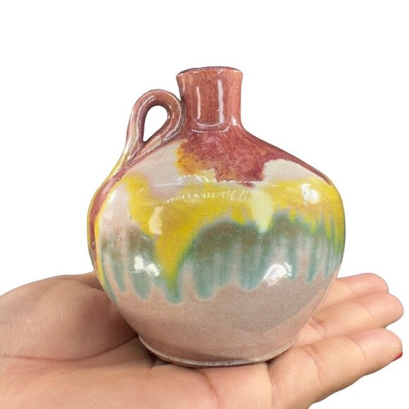 Mid Century Italian Art Pottery Vase Jug W Handle RedWare Multicolor Glaze VTG - Picture 7 of 15